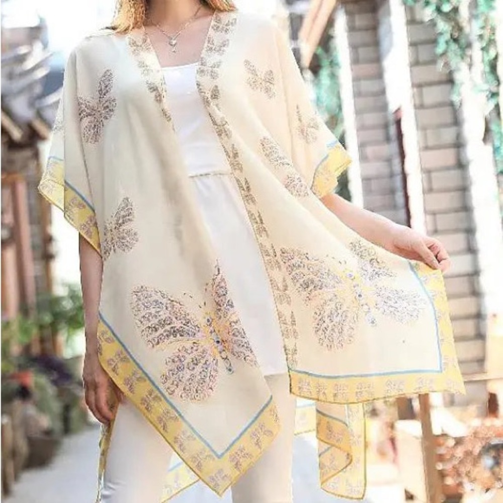 Elegant Butterfly Print Kimono - Cream and Yellow